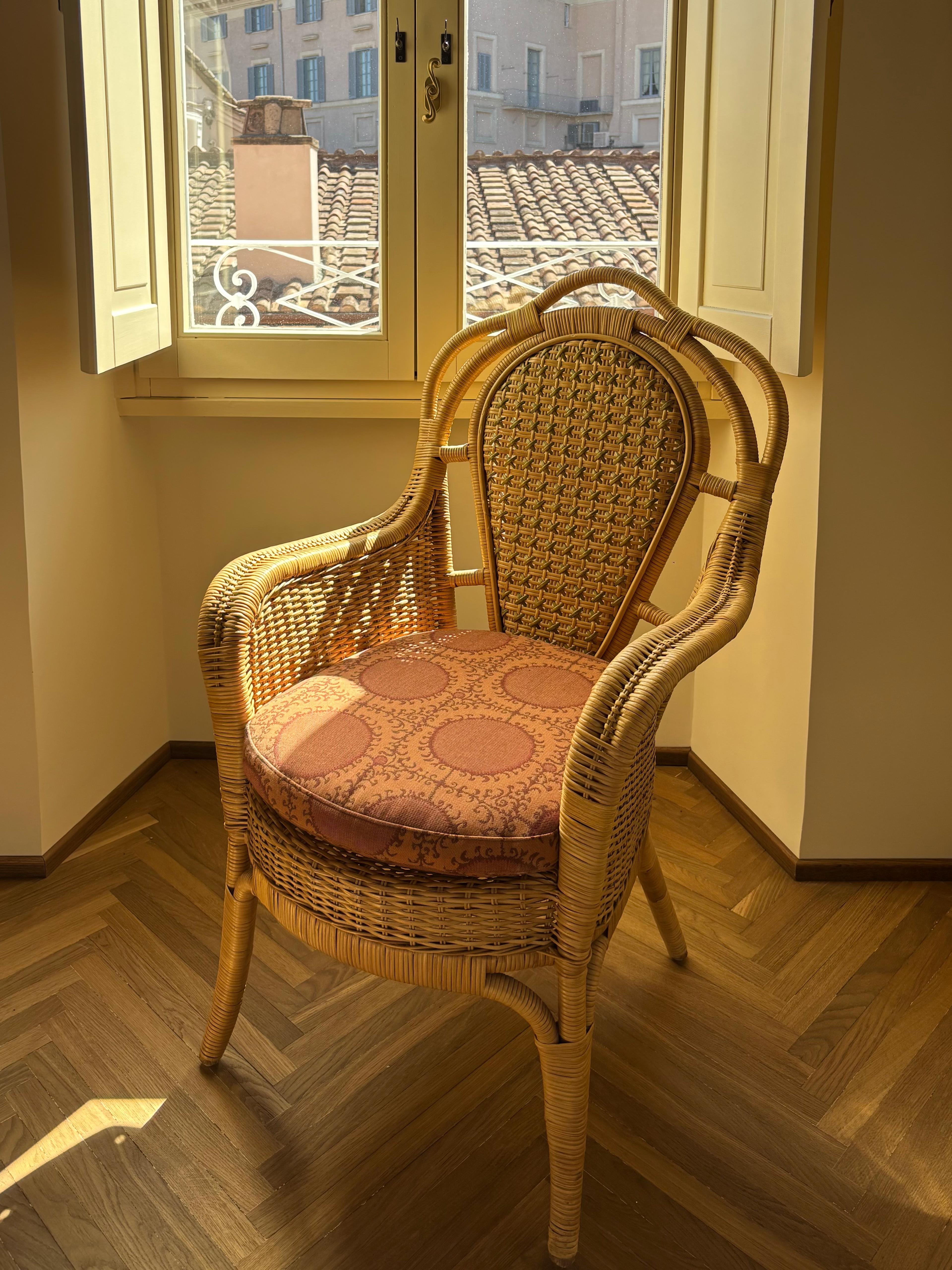 Handwoven two-tone wicker armchair
