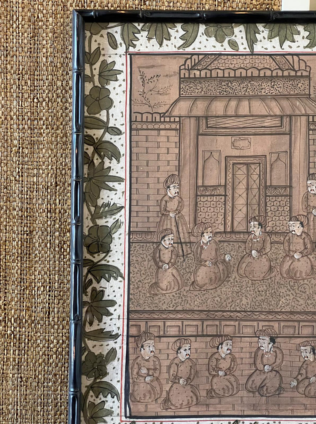 Mughal silk miniature with court scene