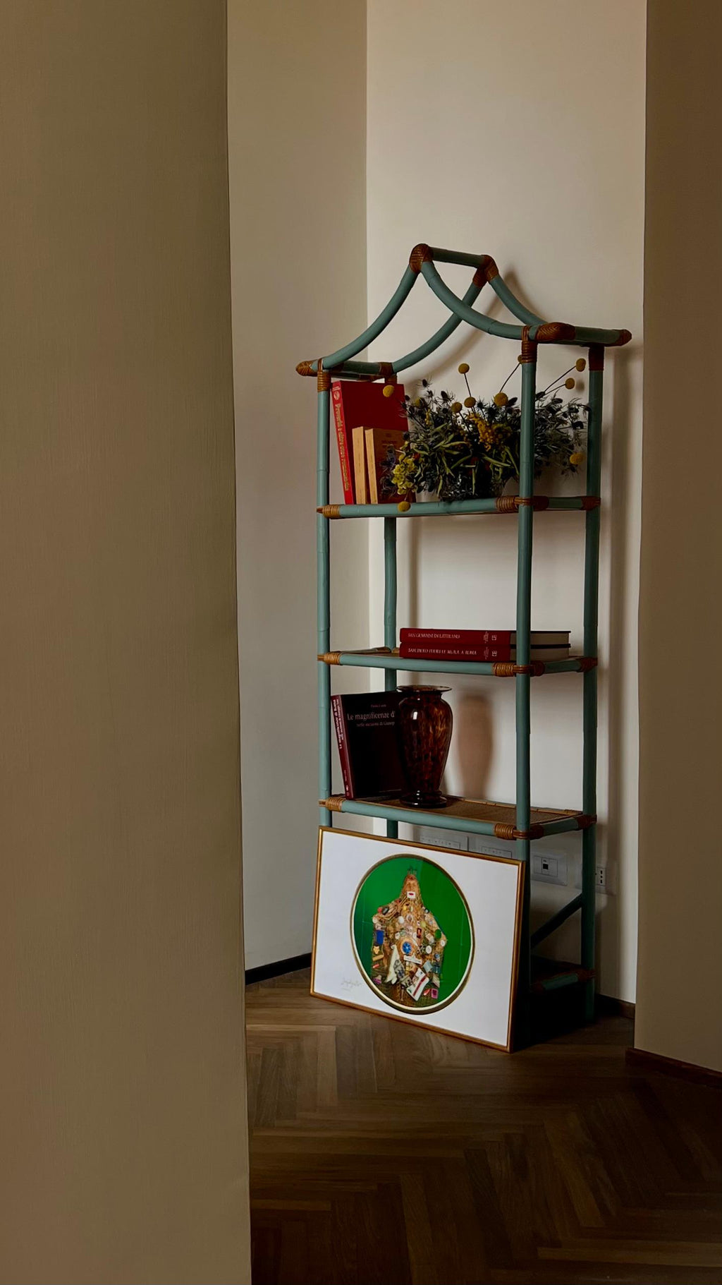 Hand-painted rattan bookcase