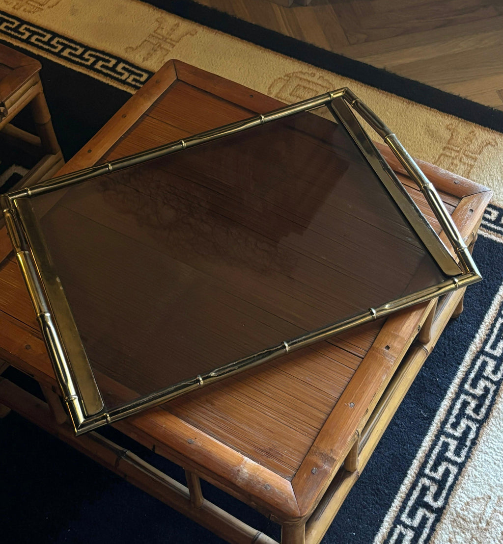 Faux bamboo metal and smoked glass tray